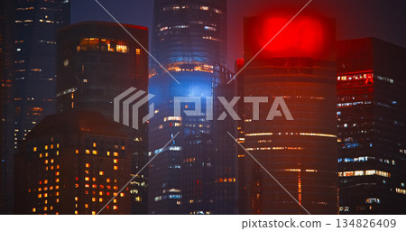 Shanghai's Night Skyline Featuring Iconic Buildings and Bright Colors Shanghai's Night Skyline Featuring Iconic Buildings and Bright Colors 134826409