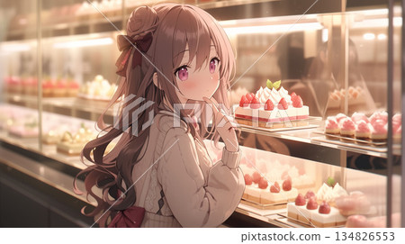 一幅可愛的日常插畫,描繪了一位美麗的動漫少女在蛋糕店櫥窗前挑選甜點。 一幅可愛的日常插畫,描繪了一位美麗的動漫少女在蛋糕店櫥窗前挑選甜點。 134826553