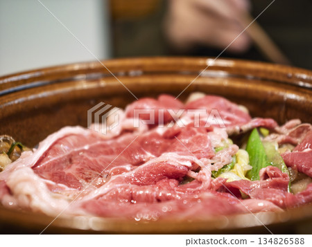 Appetizing! Delicious marbled Wagyu beef sukiyaki Appetizing! Delicious marbled Wagyu beef sukiyaki 134826588