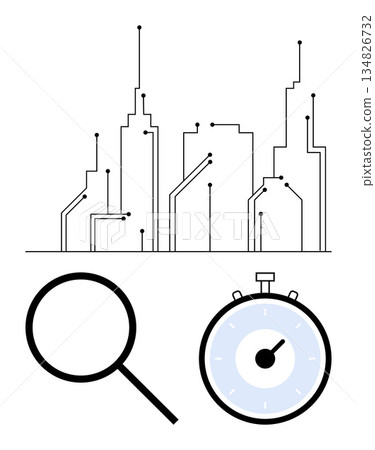 Smart cities, time tracking, data analysis, technological innovation, urban development, digital transformation. Linear cityscape, magnifying glass and stopwatch. Smart cities and time tracking 134826732