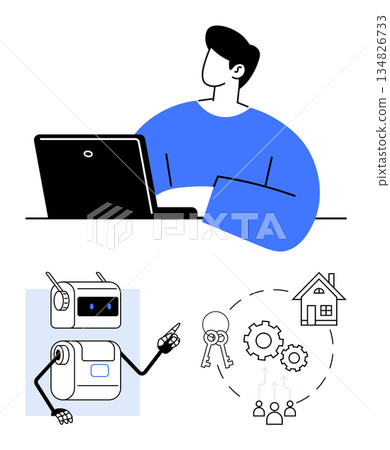 Technology, AI assistance, smart living, automation, online education, modern work. A person on a laptop and a robot pointing to home icons and gears. Technology and AI assistance concept 134826733