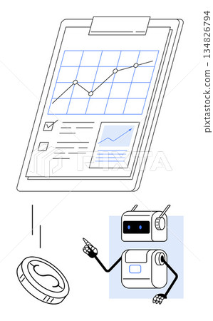 Financial analysis, business tools, AI automation, technological finance, future investment, data management. Chart clipboard, robot assistant coin drop. Financial analysis and business tools ion Financial analysis, business tools, AI automation, technological finance, future investment, data management. Chart clipboard, robot assistant coin drop. Financial analysis and business tools ion 134826794