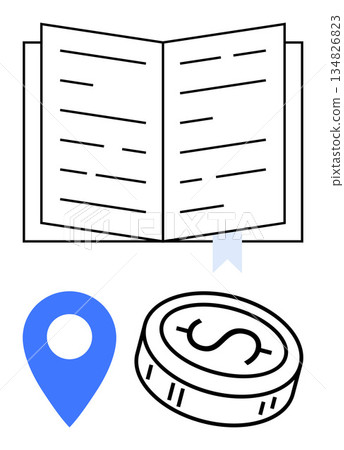 Education, finance, navigation, business planning, savings, resource management. Open book with a bookmark, blue pin marker and a coin with a dollar sign. Education and finance concept Education, finance, navigation, business planning, savings, resource management. Open book with a bookmark, blue pin marker and a coin with a dollar sign. Education and finance concept 134826823
