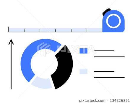 Data analysis, business growth, measurement tools, progress tracking, analytics, research. Tape measure, pie chart growth arrow and data labels. Data analysis and business growth illustration Data analysis, business growth, measurement tools, progress tracking, analytics, research. Tape measure, pie chart growth arrow and data labels. Data analysis and business growth illustration 134826851