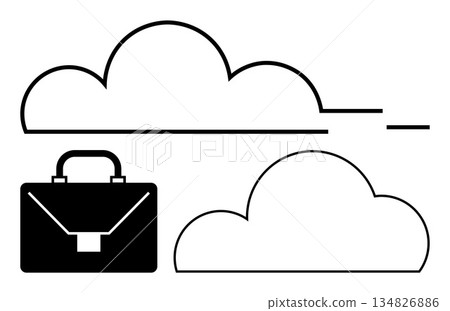 Cloud computing, data storage, virtual work, business services, corporate solutions, digital productivity. Minimalist design of two clouds and a briefcase. Cloud computing and business services Cloud computing, data storage, virtual work, business services, corporate solutions, digital productivity. Minimalist design of two clouds and a briefcase. Cloud computing and business services 134826886
