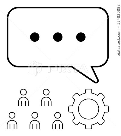 Teamwork, collaboration, communication tools, workflow management, group discussion, problem-solving. Speech bubble above people and a gear. Communication tools and teamwork concepts Teamwork, collaboration, communication tools, workflow management, group discussion, problem-solving. Speech bubble above people and a gear. Communication tools and teamwork concepts 134826888