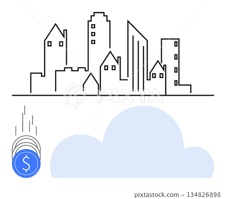 Digital transformation, finance, cloud technology, urban infrastructure, city economy, blockchain. Skyline and digital coins above a cloud. Digital transformation and finance concept Digital transformation, finance, cloud technology, urban infrastructure, city economy, blockchain. Skyline and digital coins above a cloud. Digital transformation and finance concept 134826898