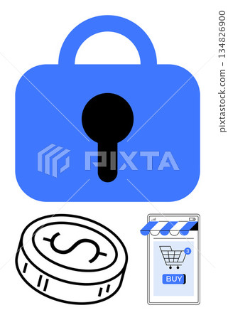 Online shopping, e-commerce security, cybersecurity, digital transactions, secure payments, financial technology. Blue lock, coin and mobile storefront icon. Online shopping and e-commerce security Online shopping, e-commerce security, cybersecurity, digital transactions, secure payments, financial technology. Blue lock, coin and mobile storefront icon. Online shopping and e-commerce security 134826900