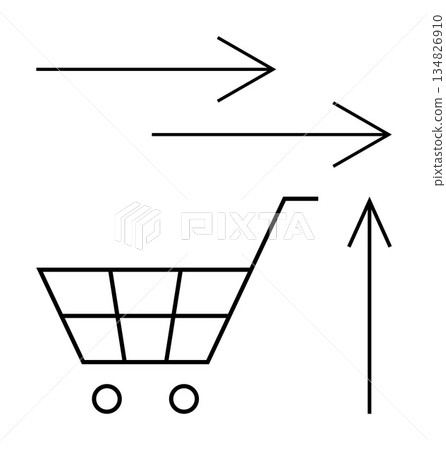 E-commerce, online shopping, consumer behavior, market trends, direction, retail growth. Outline of a shopping cart with three arrows. E-commerce and online shopping concept 134826910