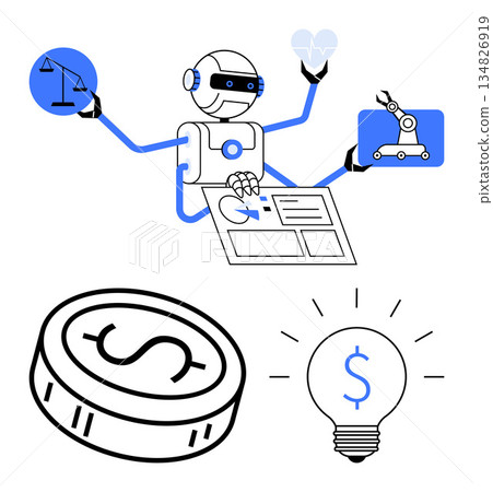 Artificial intelligence, automation, technology, finance, healthcare, innovation. Robot managing icons justice and engineering. AI and automation for finance and healthcare Artificial intelligence, automation, technology, finance, healthcare, innovation. Robot managing icons justice and engineering. AI and automation for finance and healthcare 134826919