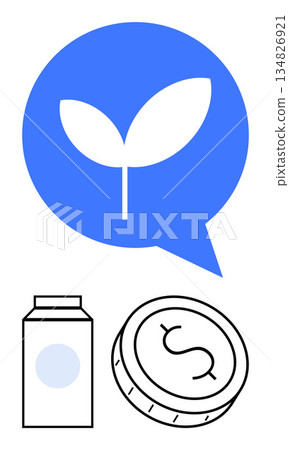 Sustainability, eco-friendly choices, green economy, organic products, financial investment, consumption habits. Leaf in a chat bubble, carton and coin illustration. Sustainability and eco-friendly 134826921