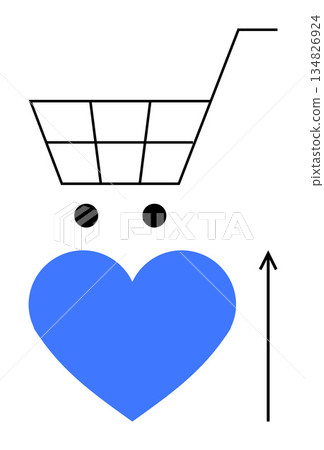 E-commerce, shopping trends, consumer loyalty, online spending, market growth, customer engagement. Shopping cart with a blue heart and upward arrow. E-commerce and shopping trends concept 134826924