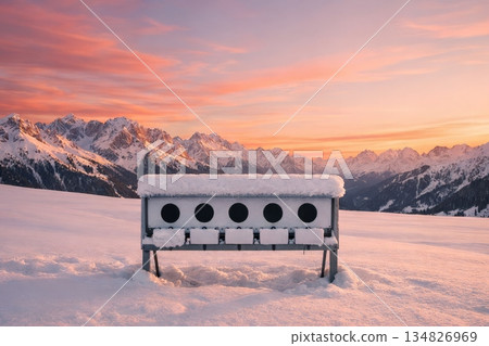 Biathlon shooting target covered with snow on alpine field with mountain range and pink sunset sky, winter sports concept 134826969