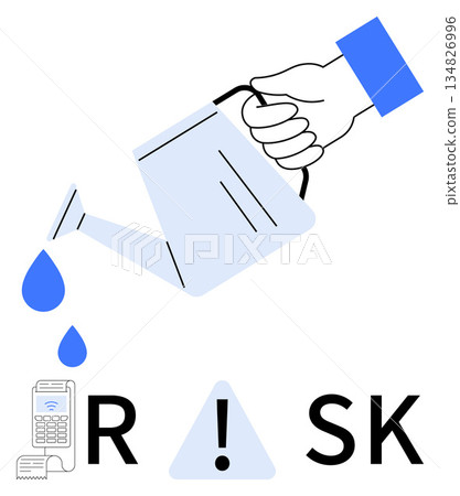 Financial risk, investment management, caution, economic loss, decision-making, warning signs. A hand pouring water from a can onto a calculator with the word risk. Financial risk and investment 134826996