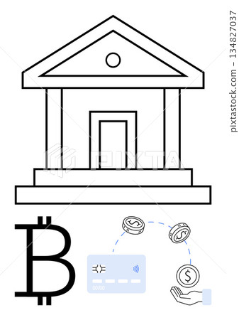 Banking, cryptocurrency, finance, online payments, digital wallets, economy. Image of a bank building, Bitcoin symbol payment card and coins. Banking and cryptocurrency concepts 134827037