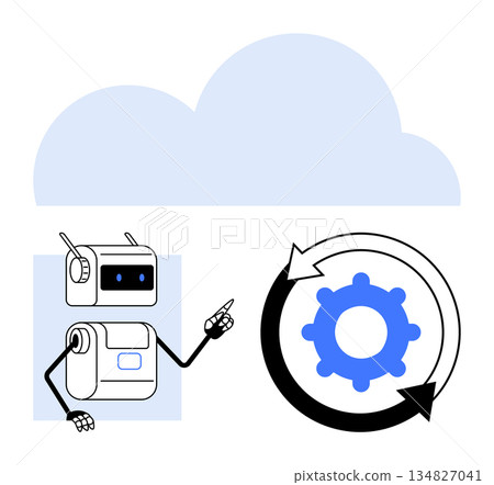 Technology, automation, AI, cloud computing, data processing, workflow management. Robot interacting with gear under cloud graphic. Technology and automation concept with cloud computing insight 134827041
