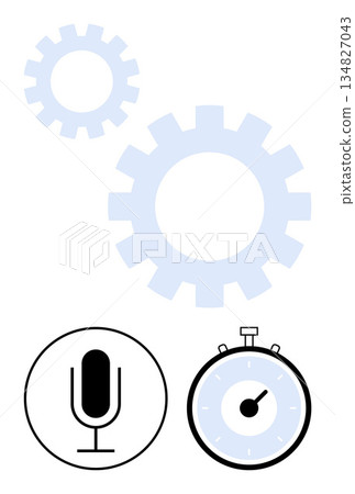 Time management, workflow organization, technology integration, content creation, efficiency, productivity. Gear icons, circle microphone and stopwatch. Productivity and time management concept Time management, workflow organization, technology integration, content creation, efficiency, productivity. Gear icons, circle microphone and stopwatch. Productivity and time management concept 134827043