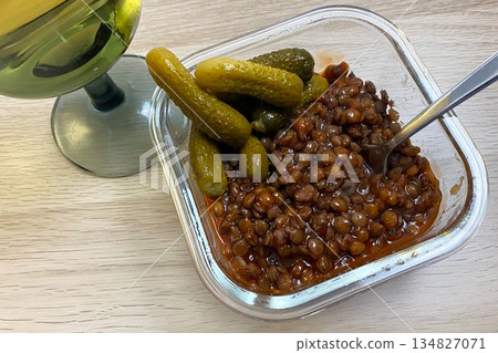 Hearty Lentils with Pickles and White Wine Hearty Lentils with Pickles and White Wine 134827071