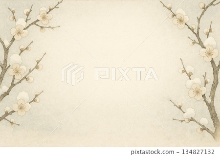 雪景系列：一幅裱好的冬季背景畫，周圍環繞著覆蓋著白雪的梅枝。 134827132