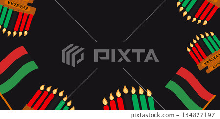 Banner Frame border of Candlestick with Burning Candles and Flags in Pan African Colors Copy space. Isolated Vector illustration Kwanza Holiday Greeting Thematic Cards Template, leaflets, Media Posts 134827197