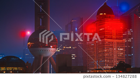 Spectacular Night View of Shanghai's Skyline with Colorful Illuminations Spectacular Night View of Shanghai's Skyline with Colorful Illuminations 134827288