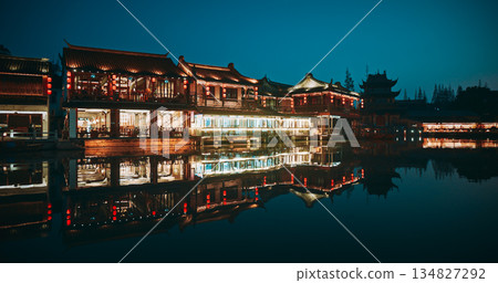 Canal Side Shops and Dining with Perfect Reflection at Night. Zhujiajiao, Shanghai, China Canal Side Shops and Dining with Perfect Reflection at Night. Zhujiajiao, Shanghai, China 134827292