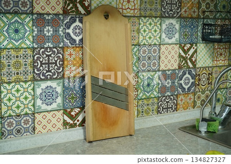 Cabbage shredder wooden grater with metal blades sourdough and fermentation. 134827327