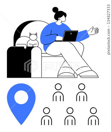 Remote work, online communication, coworking, networking, team collaboration, modern workspace. A woman seated on a couch with a laptop, cat nearby icons of location and people. Remote work Remote work, online communication, coworking, networking, team collaboration, modern workspace. A woman seated on a couch with a laptop, cat nearby icons of location and people. Remote work 134827333