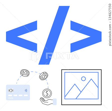 Software development, fintech, e-commerce, digital assets, programming, coding. A coding symbol with financial exchange and digital image icons. Software development and fintech concept Software development, fintech, e-commerce, digital assets, programming, coding. A coding symbol with financial exchange and digital image icons. Software development and fintech concept 134827350