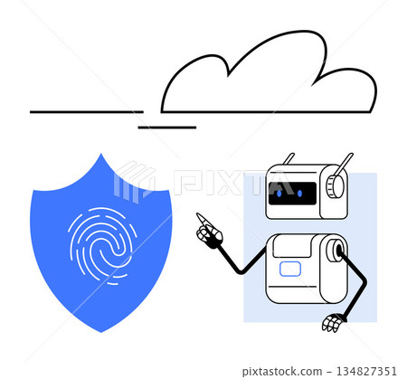 Cybersecurity, data protection, identity verification, cloud storage, AI security, authentication systems. Blue shield with fingerprint, cloud robot pointing. Cybersecurity and data protection 134827351