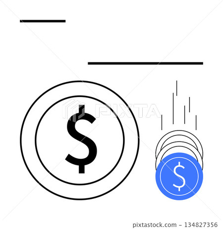 Finance, savings, investment, economic growth, cash flow, monetary transactions. Black dollar icon and blue falling coins in a modern minimalist style. Finance and savings concept 134827356