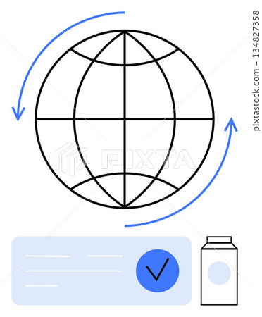 Global logistics, supply chain, verification processes, worldwide commerce, efficient delivery, shipping networks. A globe with arrows, a checklist and a box. Global logistics and verification 134827358