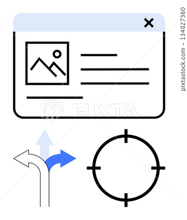 User experience, decision-making, targeting, online navigation, goal setting, digital pathways. Web interface with directional arrows and a crosshair symbol. Decision-making and targeting concept User experience, decision-making, targeting, online navigation, goal setting, digital pathways. Web interface with directional arrows and a crosshair symbol. Decision-making and targeting concept 134827360