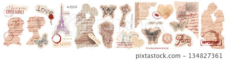 Romantic scrapbook collage design elements set, vintage torn paper, romantic couple silhouette.  134827361