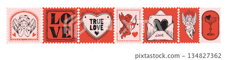 Romantic love stamps, Valentine day postal print set, cupid mail doodle hand drawn illustration. Romantic love stamps, Valentine day postal print set, cupid mail doodle hand drawn illustration. 134827362