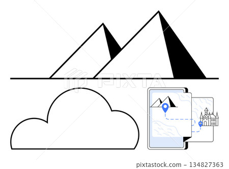 Travel planning, cloud technology, digital mapping, cultural exploration, historical landmarks, and navigation. Features pyramids, cloud icon digital map with pins. Travel planning and cloud Travel planning, cloud technology, digital mapping, cultural exploration, historical landmarks, and navigation. Features pyramids, cloud icon digital map with pins. Travel planning and cloud 134827363