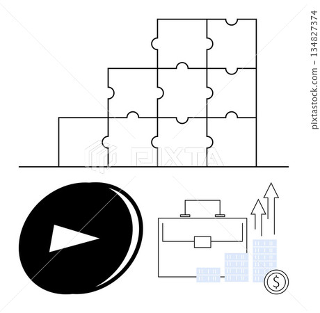 Business strategy, financial growth, teamwork, investment planning, success, decision-making. Puzzle stack, play button briefcase graph and currency symbol. Business strategy and financial growth Business strategy, financial growth, teamwork, investment planning, success, decision-making. Puzzle stack, play button briefcase graph and currency symbol. Business strategy and financial growth 134827374