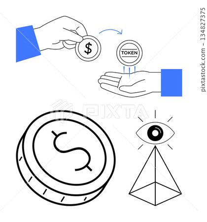 Cryptocurrency, blockchain technology, financial exchange, digital wallet, virtual assets, decentralized finance. Hand exchanging coin with TOKEN text, pyramid with an eye. Cryptocurrency 134827375