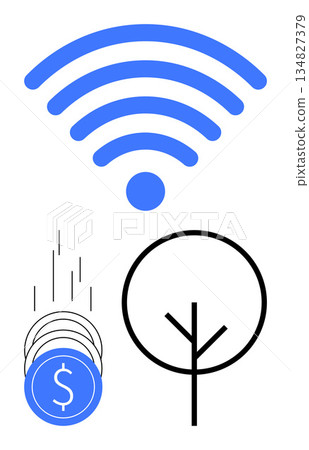 Technology, environmental sustainability, financial growth, connectivity, renewable resources, eco-economy. wireless signal, falling coins and a minimalist tree symbol. Connectivity 134827379
