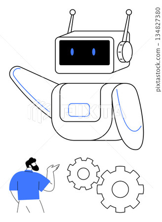 Artificial intelligence, human interaction, robotics, technology development, future innovation, problem-solving. A robot and a human figure near gear icons. Artificial intelligence and human 134827380