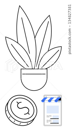 Business growth, online shopping, entrepreneurship, financial management, digital commerce, investment strategies. Minimalist line drawing of a plant, coin and a mobile storefront. Business growth 134827381