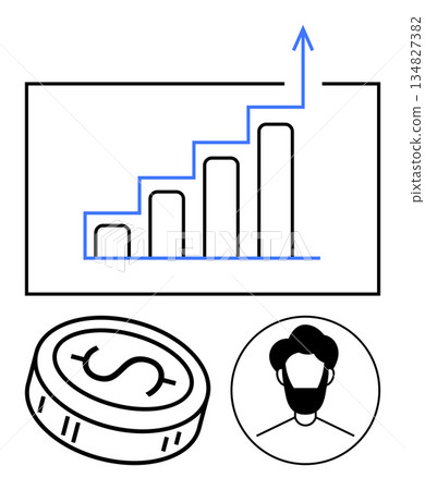 Business development, financial growth, investment strategies, economics, profit analysis, market trends. Rising bar graph, dollar coin icon male profile. Financial growth and investment strategies 134827382