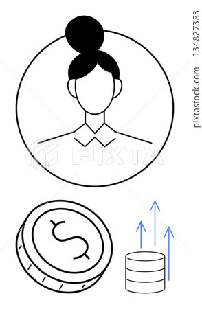 Finance, personal investment, economic growth, user interface, digital savings, online transactions. Female avatar, coin and arrow indicating financial improvement. Finance and personal investment 134827383