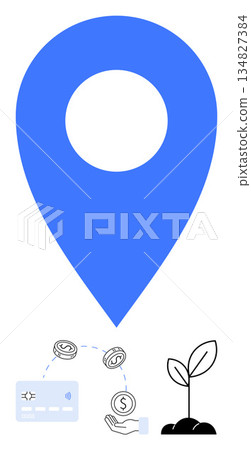 Business strategy, environmental growth, finance, economy, sustainability, navigation. Blue location marker above financial icons and a growing plant. Business strategy and environmental growth 134827384