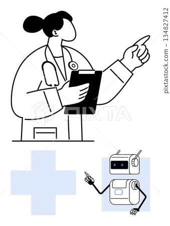 Healthcare, artificial intelligence, diagnostics, telemedicine, robotics, future innovation. Doctor holding a clipboard with a robot assistant and medical symbol. Healthcare and artificial Healthcare, artificial intelligence, diagnostics, telemedicine, robotics, future innovation. Doctor holding a clipboard with a robot assistant and medical symbol. Healthcare and artificial 134827412
