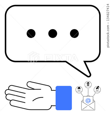 Communication, networking, collaboration, outreach, messaging, digital connections. Hand gesture with speech bubble and email icon connecting user profiles. Communication and networking concept Communication, networking, collaboration, outreach, messaging, digital connections. Hand gesture with speech bubble and email icon connecting user profiles. Communication and networking concept 134827414