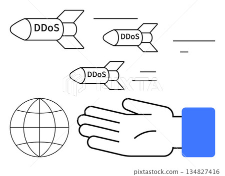 Cybersecurity, DDoS attacks, global internet protection, digital defense, cybercrime prevention, security strategies. Hand blocking missiles labeled DDoS and a globe. Cybersecurity and DDoS concepts 134827416