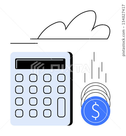 Financial planning, budgeting, savings, investment, calculations, digital economy. Calculator with falling coins and cloud. Financial planning and budgeting concept for modern saving strategies 134827417