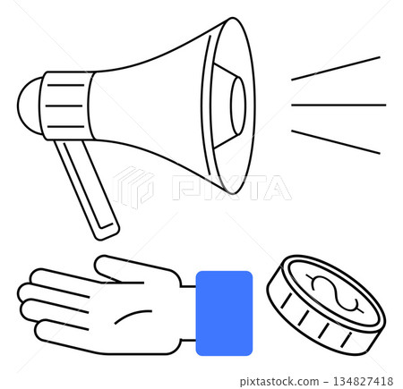 Fundraising, charity, marketing, public campaigns, donations, financial support. A hand, a coin and a megaphone. Fundraising and charity through money and awareness elements Fundraising, charity, marketing, public campaigns, donations, financial support. A hand, a coin and a megaphone. Fundraising and charity through money and awareness elements 134827418