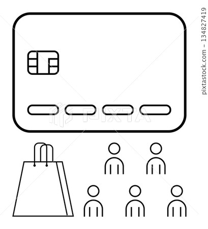 Digital payment, e-commerce, online shopping, financial transactions, retail, consumer behavior. A credit card with a shopping bag and people icons. Digital payment and e-commerce concept 134827419